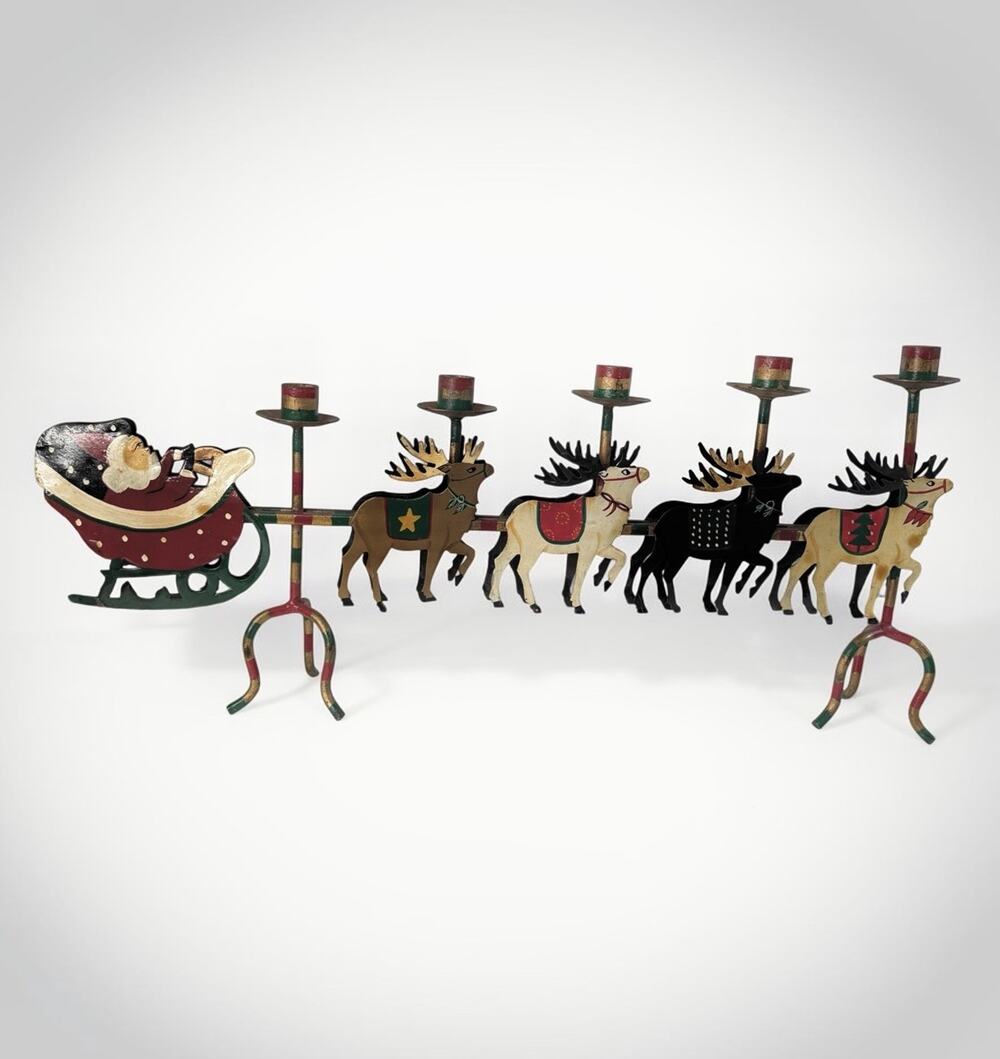 Vintage Iron 25” Christmas Santa Sleigh & Reindeer 5-Candle Holder Cottagecore